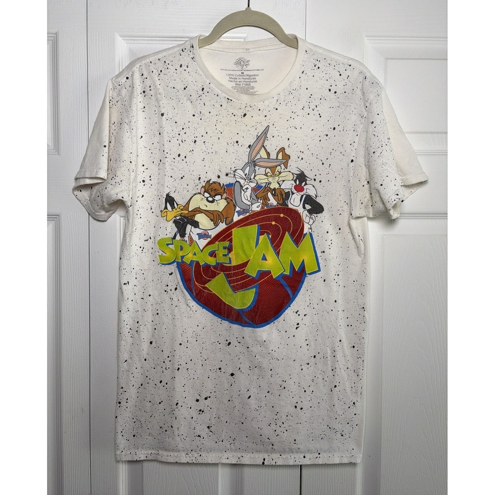 Space Jam Looney Tunes Graphic Tee Mens Size M White Paint Splatter Cotton Shirt